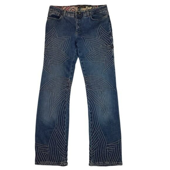Roberto Cavalli Womens Large Vintage Embroidered Floral Jeans Wide Straight Leg - Picture 1 of 11